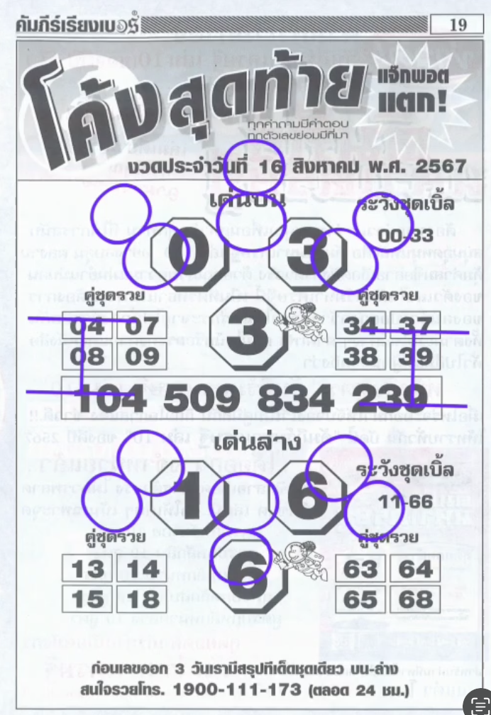 หวยโค้งสุดท้าย 16/8/2567