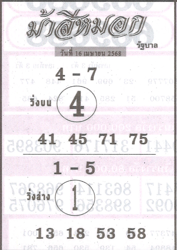 หวยม้าสีหมอก 16/4/68