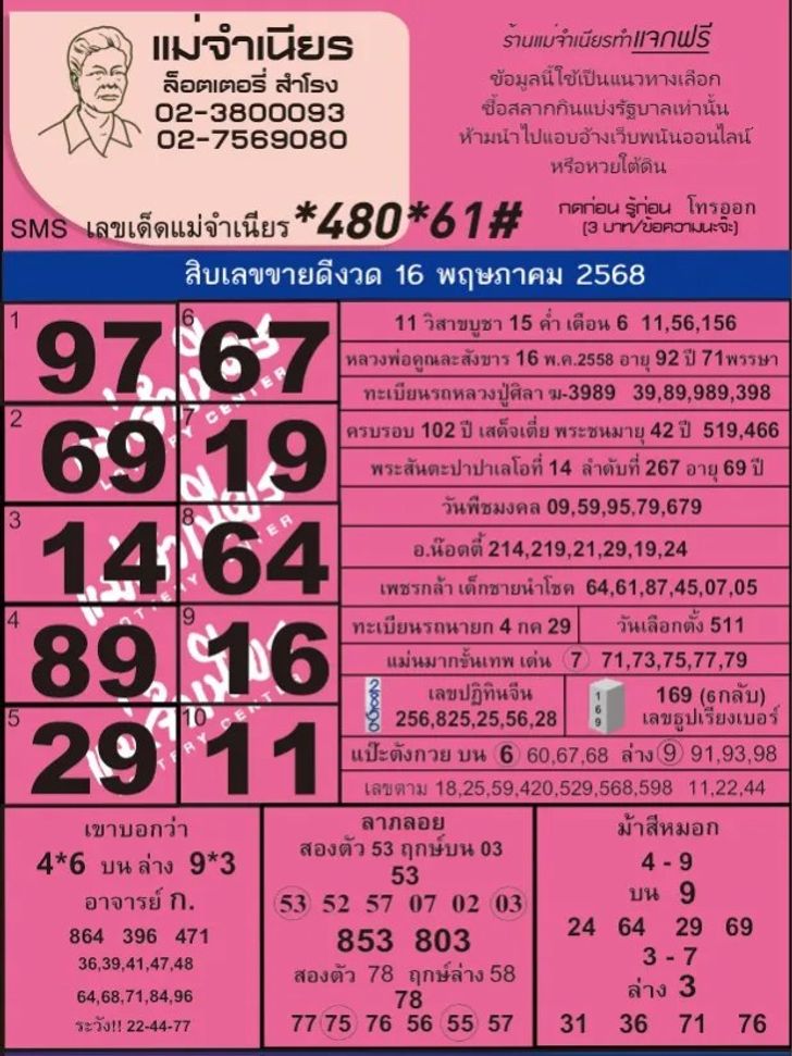 หวยแม่จำเนียร 16/5/68