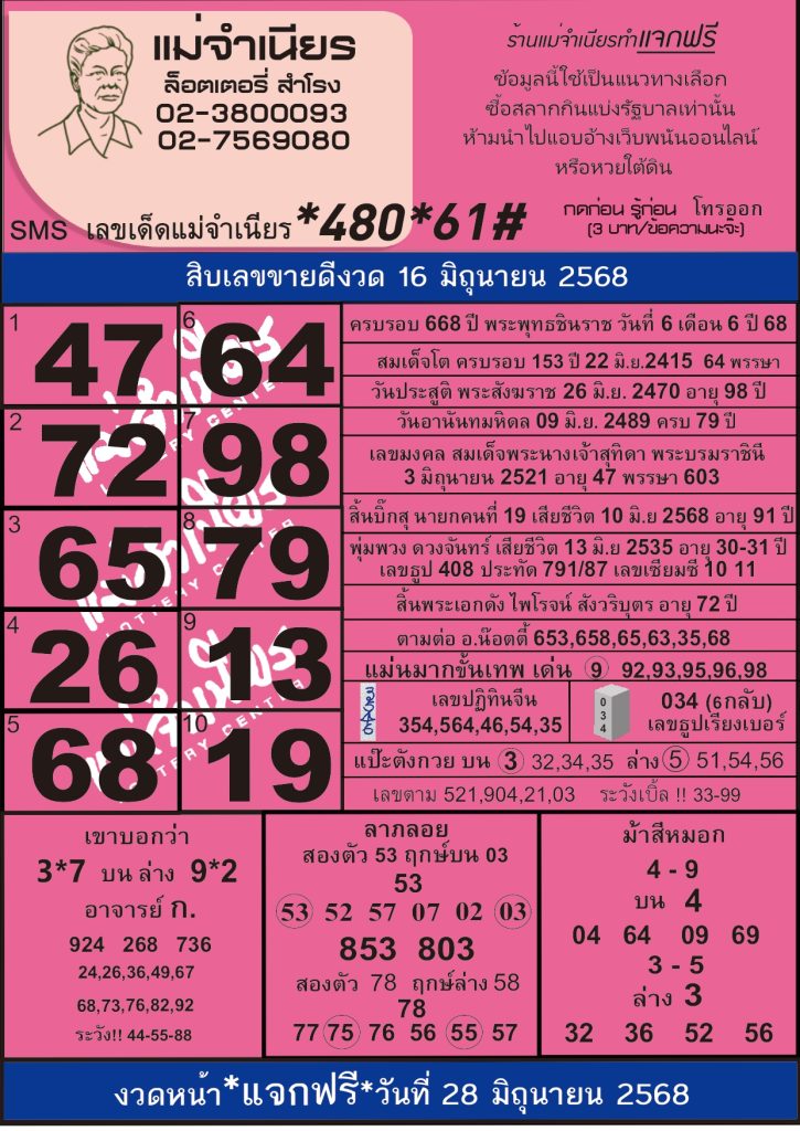 หวยแม่จำเนียร 16/6/68