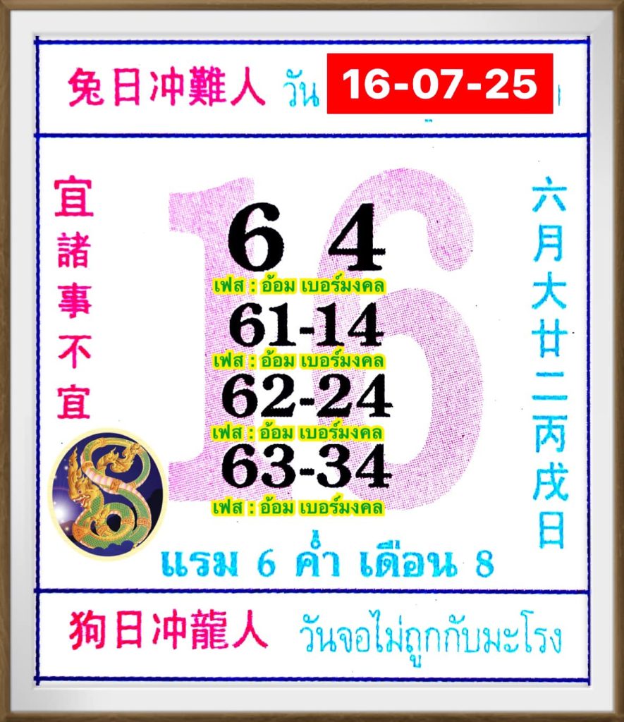 เลขปฏิทินจีน 16/7/68
