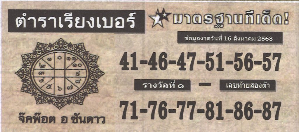 หวยตำราเรียงเบอร์ 16/8/68