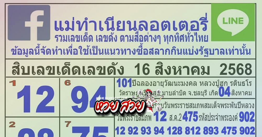 หวยแม่ทำเนียน 16/8/68