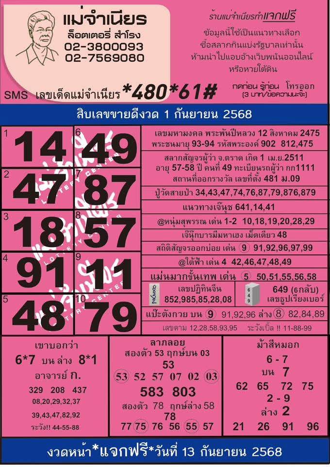 หวยแม่จำเนียร 1/9/68