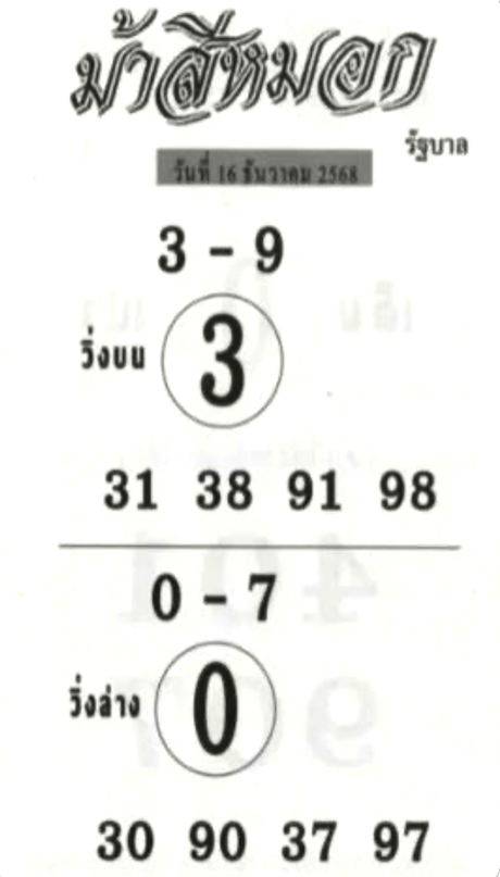 หวยม้าสีหมอก 16/12/68