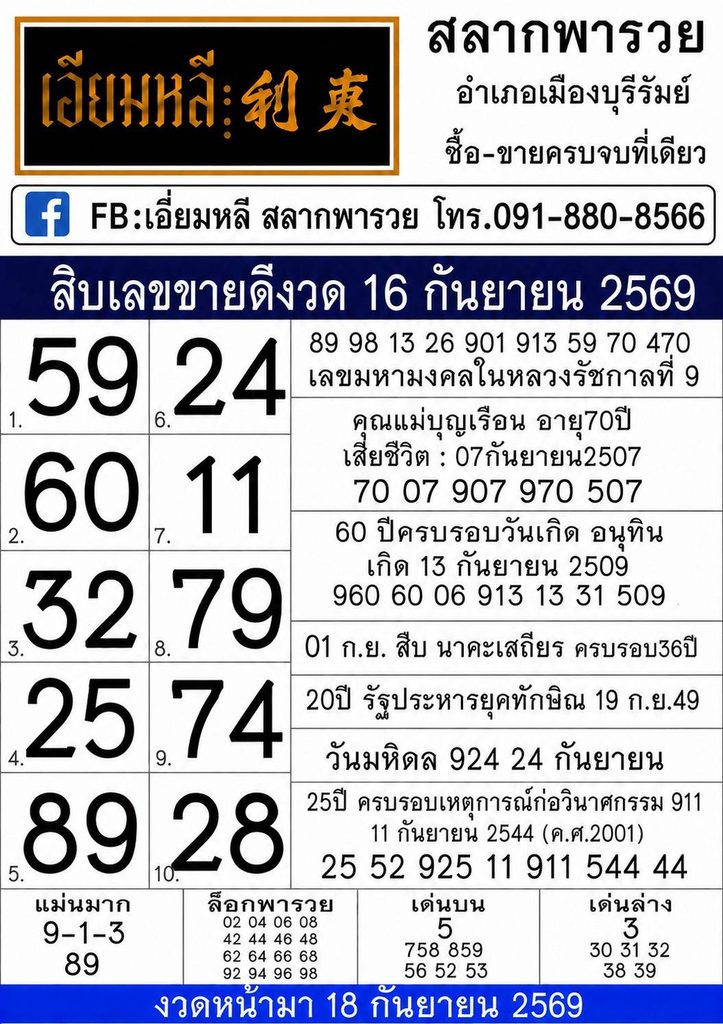 เลขสลากพารวย 16/9/2569