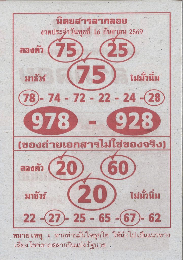 หวยลาภลอย 16/9/2569