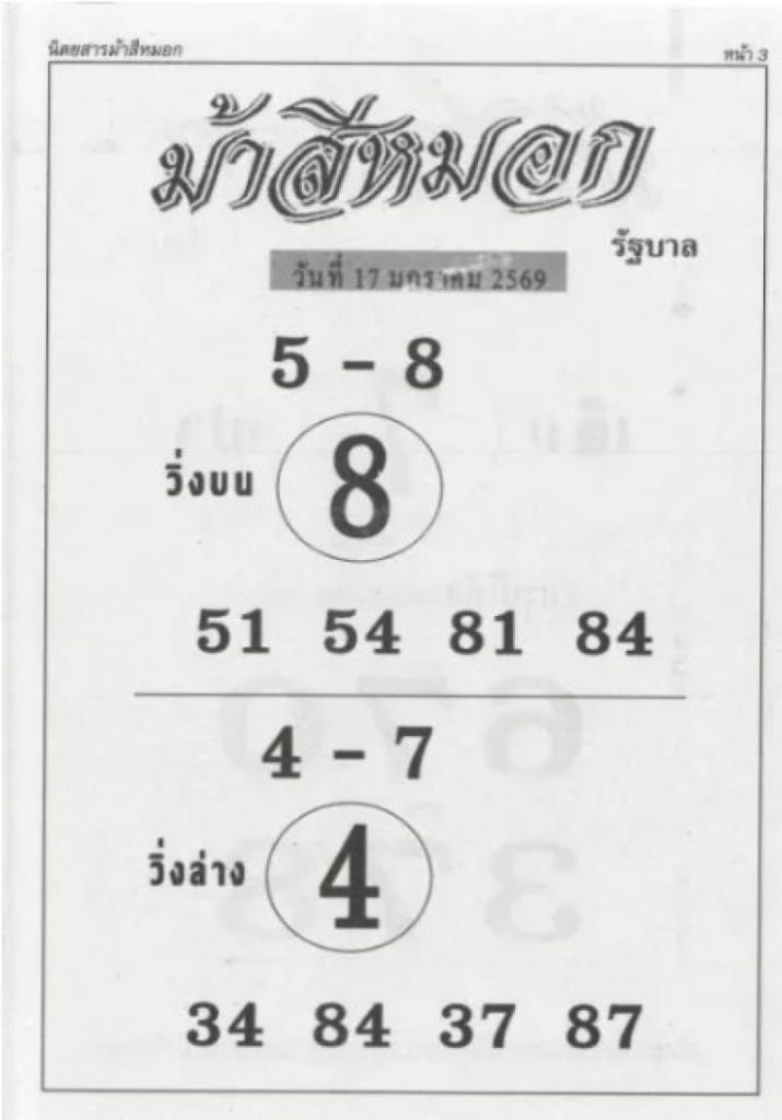 หวยม้าสีหมอก 17/1/2569