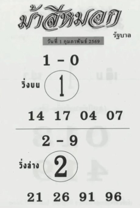 หวยม้าสีหมอก 1/2/2569